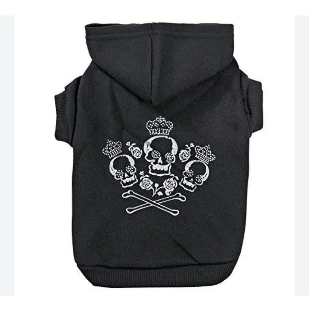 Crowned Crossbone & Rose Black & Silver Dog Hoodie Pet Sweatshirt Sz S
